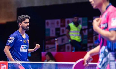 &nbsp;Sathiyan Gnanasekaran celebrates after winning a tie