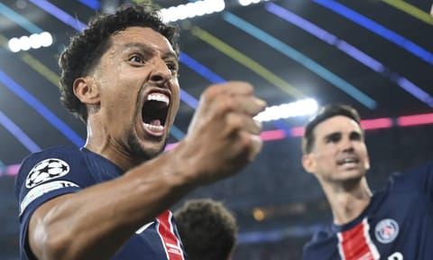 PSG's Marquinhos celebrates during the Champions League final soccer match between Paris Saint Germain and Inter Milan, at the Allianz Arena in Munich, Germany, Saturday, May 31, 2025 (AP)&nbsp;