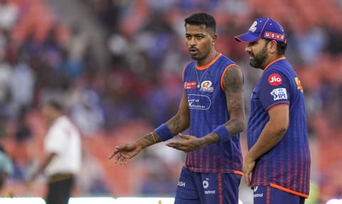 Mumbai Indians' captain Hardik Pandya and Rohit Sharma before an Indian Premier League (IPL) 2025 Qualifier 2 T20 cricket match between Mumbai Indians and Punjab Kings, at the Narendra Modi Stadium, in Ahmedabad, Sunday, June 1, 2025 (PTI)&nbsp;