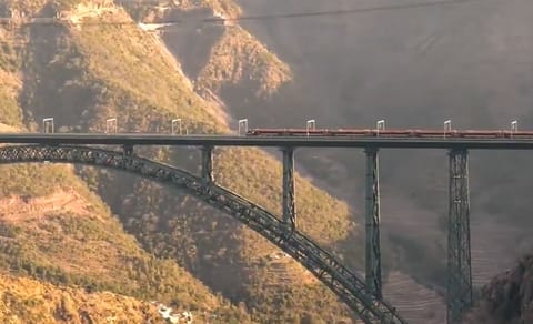 A Vande Bharat Express train on the Chenab Rail Bridge, in Jammu &amp; Kashmir (PTI)