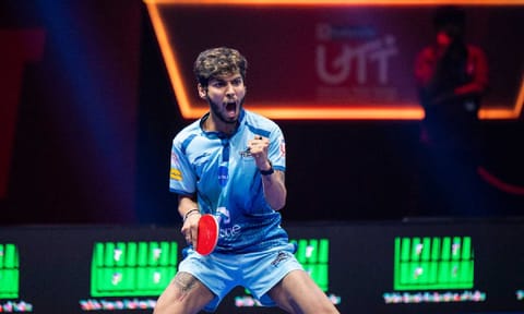 &nbsp;Ankur Bhattacharjee celebrates after winning a match in Ultimate Table Tennis Season 6