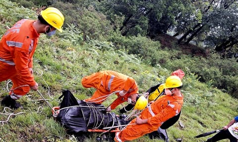 NDRF personnel at the spot after a helicopter crashed near the Kedarnath shrine, in Rudraprayag district, Uttarakhand, Sunday, June 15, 2025 (PTI)&nbsp;