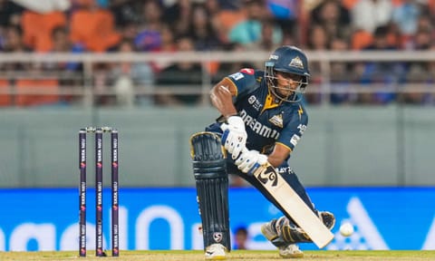 Gujarat Titans' Sai Sudharsan plays a shot during the Indian Premier League (IPL) 2025 Eliminator cricket match between Mumbai Indians and Gujarat Titans, in New Chandigarh, Friday, May 30, 2025 (PTI)&nbsp;
