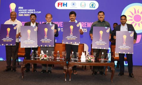 Deputy CM Udhayanidhi Stalin and dignitaries from Hockey India and SDAT unveil the logo of the tournament&nbsp;