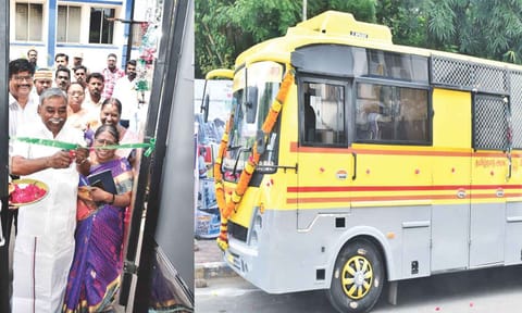 District Collector Mohanachandran, MLA ‘Poondi’ K Kalaivanan at the launch of the mobile unit (right) on Saturday