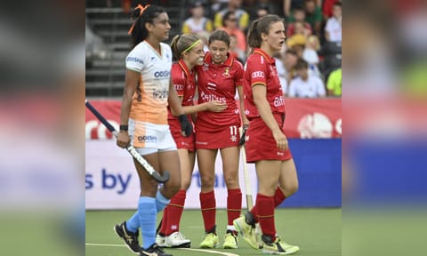 Belgium players celebrate after scoring against&nbsp;India