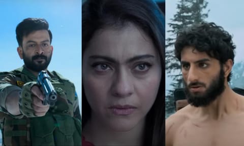 Prithviraj, Kajol and Ibrahim Ali Khan in stills from ‘Sarzameen’&nbsp; (YouTube)