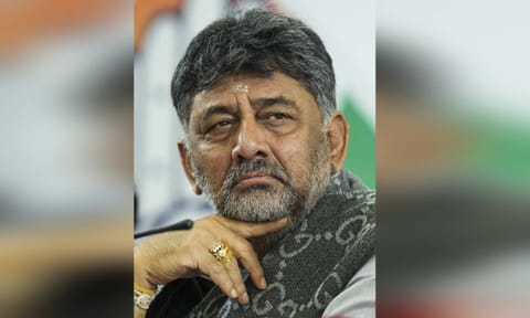 Karnataka Deputy Chief Minister and state Congress President D K Shivakumar during a press conference at the party office (PTI)&nbsp;