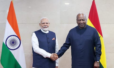 &nbsp;In this image released by PMO on July 3, 2025, Prime Minister Narendra Modi being received by the President of Ghana John Dramani Mahama upon his arrival for a meeting, in Accra, Ghana. (Credit: PTI)
