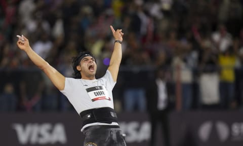 India's Neeraj Chopra celebrates as he competes in the Neeraj Chopra Classic 2025 international javelin competition, in Bengaluru, Karnataka, Saturday, July 5, 2025 (PTI)&nbsp;