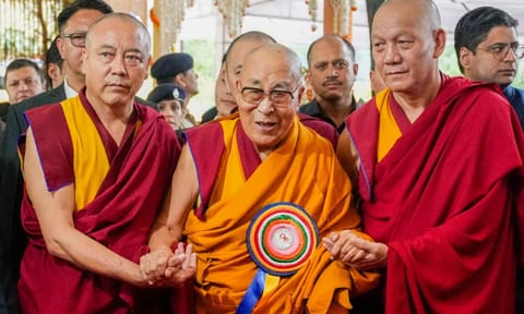 Tibetan spiritual leader the Dalai Lama with others during the celebration of his 90th birthday, at Tsuglagkhang, the main Dalai Lama temple, McLeodganj, in Kangra district, Himachal Pradesh, Sunday, July 6, 2025 (PTI)&nbsp;