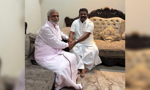 Minister for HR &amp; CE P K Sekarbabu with TNCC chief K Selvaperunthagai