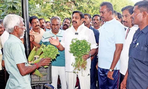 AIADMK general secretary Edappadi Palaniswami interacts with farmers at the Race Course in Coimbatore