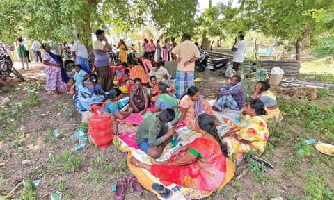 Over 500 residents from Irular hamlet in Periyakuppam, Tiruvallur, sitting under a make-shift tent on Sunday morning