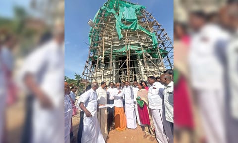 HR&amp;CE Minister PK Sekarbabu inspecting works for the Thindal Murugan temple idol’s construction works in Erode on Sunday