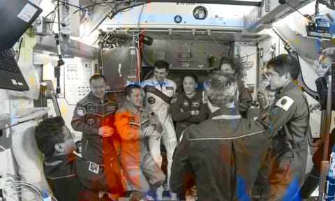 Indian astronaut Shubhanshu Shukla and others during a farewell ceremony for the Axiom 4 mission crew aboard the International Space Station (PTI)&nbsp;