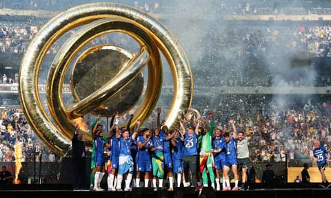 Chelsea players celebrate with the title&nbsp;