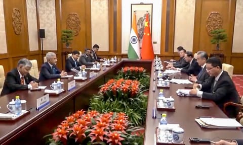 In this screenshot from @DrSJaishankar via X on July 14, External Affairs Minister S Jaishankar during a meeting with Chinese Foreign Minister Wang Yi in Beijing&nbsp;