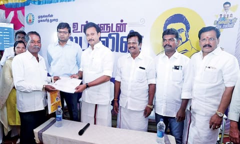 MInister Anbil Mahesh Poyyamozhi at Ungaludan Stalin programme in Tiruchy on Wednesday