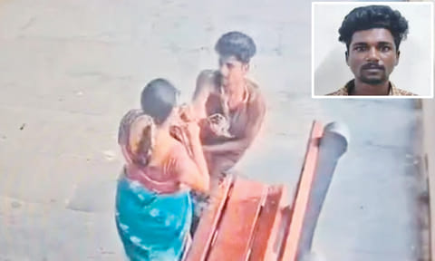 A screengrab of the CCTV footage where P Soundar (inset) snatched the woman’s chain at Perungudi MRTS station&nbsp;