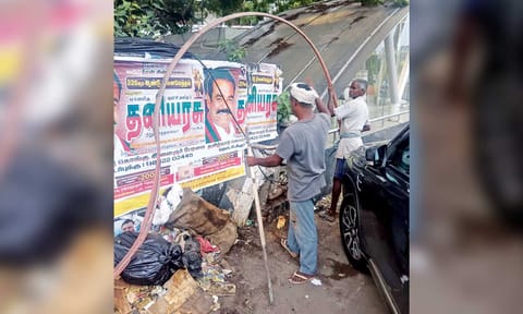 Removal of cable lying on Anna Salai near the Government Estate Metro subway under way