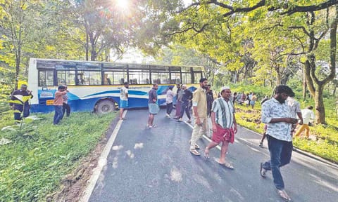 Passengers walk away from the bus after the mishap