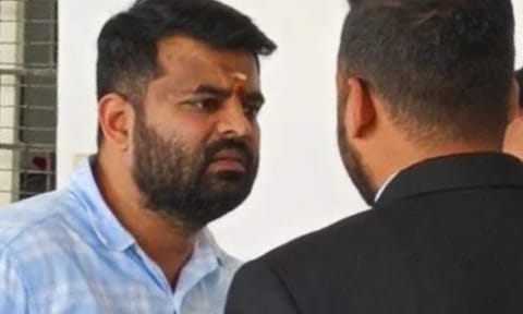 Former MP and suspended JD(S) leader Prajwal Revanna at court premises, in Bengaluru, Friday, Aug. 1, 2025. Revanna was on Friday convicted by a Special Court in one of the four sexual abuse and rape cases registered against him (PTI)&nbsp;