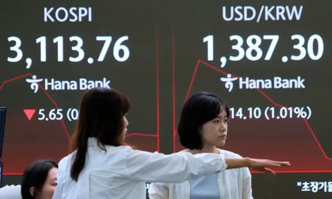Currency tr d nowing the Composite ice (KOSPI), left, and the foreign exchange rate ar and soul Korean won at the foreign exchange dealing room of the Hana Bank headquarters in Seoul, South Korea, Monday, Aug. 4, 2025 (AP)&nbsp;