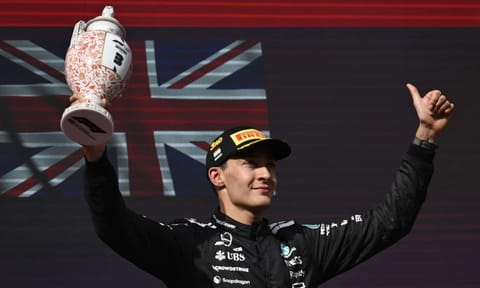 Mercedes driver George Russell of Britain celebrates his third place after the Hungarian Formula One Grand Prix race at the Hungaroring racetrack in Mogyorod, Hungary, Sunday, Aug. 3, 2025 (PTI)&nbsp;
