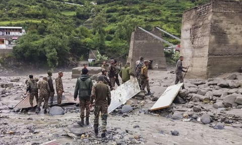 Search and rescue operation underway following flash floods triggered by a cloudburst, at Dharali, in Uttarkashi (PTI)&nbsp;