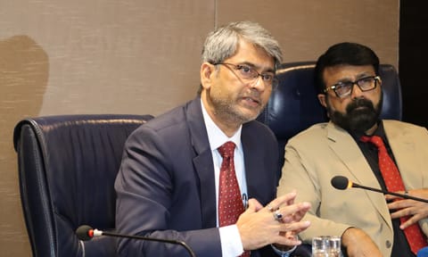 AIFF president Kalyan Chaubey speaks to the media after the meeting&nbsp;