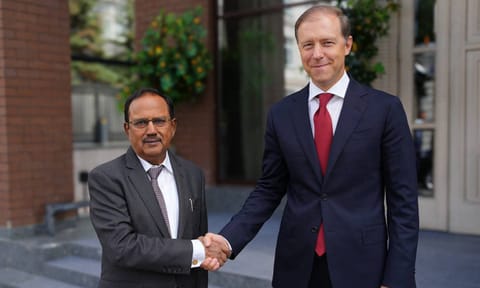 National Security Advisor Ajit Doval with Russia's First Deputy Prime Minister Denis Manturov during a meeting, in Russia (PTI)&nbsp;