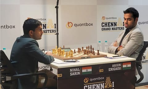 Nihal Sarin &amp; Arjun Erigaisi during Masters Round 4 of the Quantbox Chennai Grand Masters&nbsp;