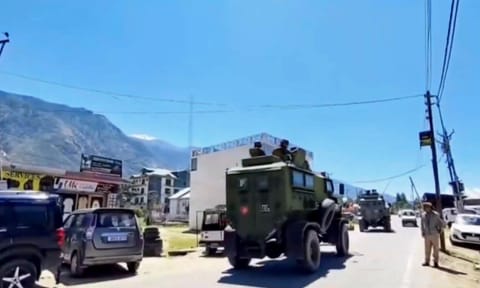 Security personnel patrol the area after an encounter broke out between terrorists and security forces in Kishtwar (PTI)