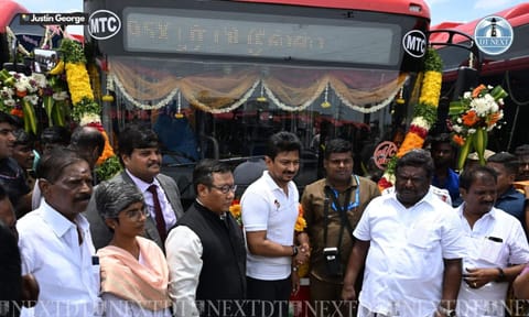 DyCM Udhayanidhi Stalin on Monday inaugurated 55 air-conditioned electric buses for public service (Photos: Justin George)