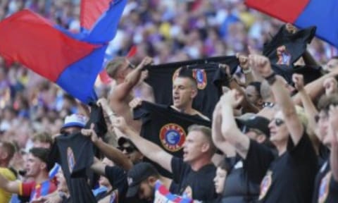 Crystal Palace fans cheer during the FA Community Shield final soccer match between Liverpool and Crystal Palace at Wembley Stadium in London, Sunday, Aug. 10, 2025 (AP)&nbsp;