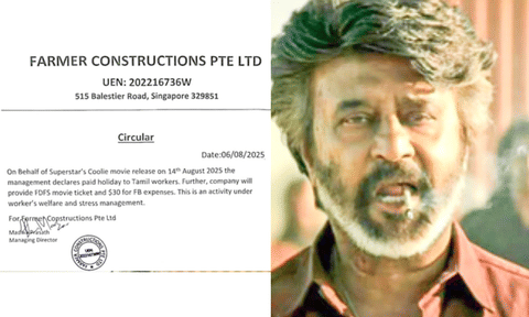 Singapore firm offers paid holiday for its Tamil workers to watch Rajinikanth's 'Coolie'!