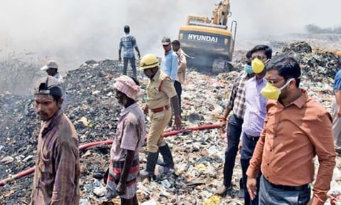 File photo of the Vellalore dump yard in Coimbatore when a fire broke out last year