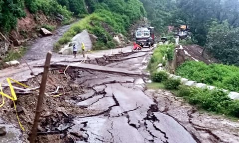 Damaged road following a cloudburst, in Kathua, Sunday, Aug. 17, 2025 (PTI)&nbsp;