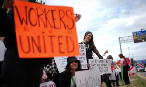 Striking Air Canada flight attendants rally at Vancouver International Airport, in Richmond, British Columbia (AP)&nbsp;
