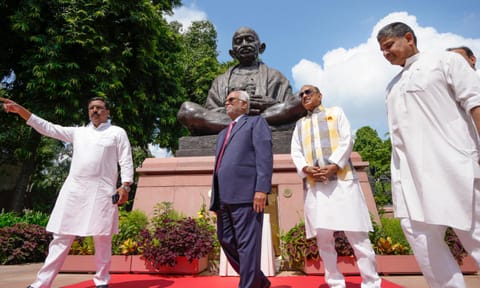 INDIA bloc's vice presidential candidate B Sudershan Reddy pays floral tribute to the statue of social reformer Jyotiba Phule, before filing his nomination, during a visit to the Parliament House complex, in New Delhi, Thursday, Aug. 21, 2025 (PTI)&nbsp;