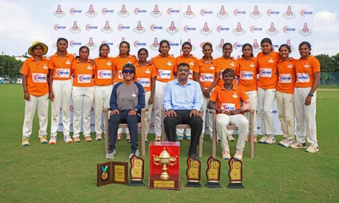 Winners of TNCA Women's Freyer Trophy One dayers 2025-26 (Orange Dragons) with the Chief Guest Mr. Karthik Prabhakaran (GM,  Freyer International)