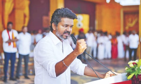 TVK president Vijay addresses the second state-level conference, in Madurai, on Thursday&nbsp;