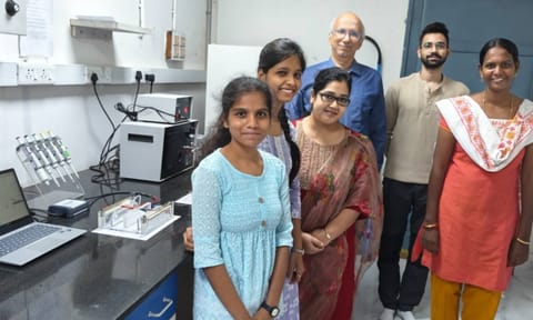 Prof. S Pushpavanam, Dept of Chemical Engineering, IIT Madras, with the Research Team at a lab in IIT Madras Campus&nbsp;