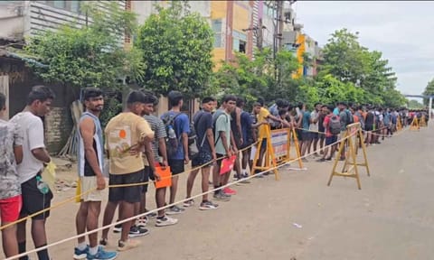 Candidates from Andhra Pradesh and Telangana waiting outside Tambaram Air Force station on Wednesday&nbsp;