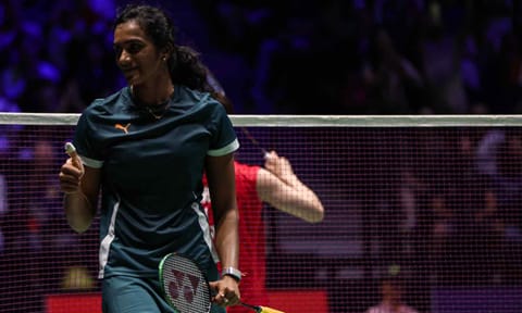 PV Sindhu celebrates after her victory&nbsp;