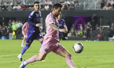 Inter Miami forward Lionel Messi controls the ball during the second half of a Leagues Cup semifinal soccer match against Orlando City (AP)