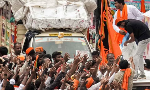Supporters of activist Manoj Jarange Patil, who is on hunger strike demanding Maratha reservation, gather outside Chhatrapati Shivaji Maharaj Terminus to join his agitation, in Mumbai, Saturday, Aug. 30 (PTI)&nbsp;
