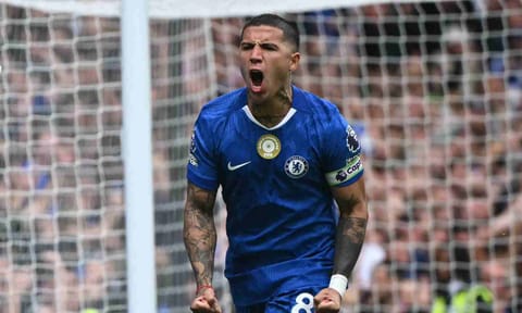 Enzo Fernandez celebrates after scoring&nbsp;