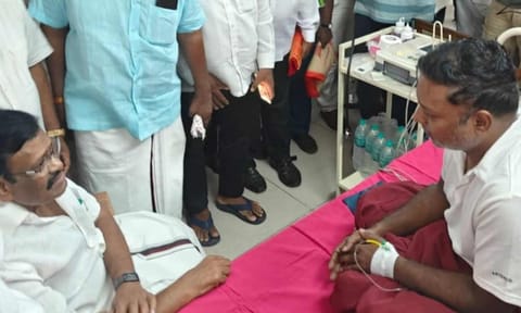 Minorities Welfare Minister SM Nasar visited the Congress MP Sasikanth Senthil at Tiruvallur GH  enquiring about his health on Sunday&nbsp;